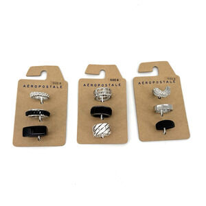 Aeropostale Set Of 9 Silver & Black Tone Stackable Rings New On Card Size 8